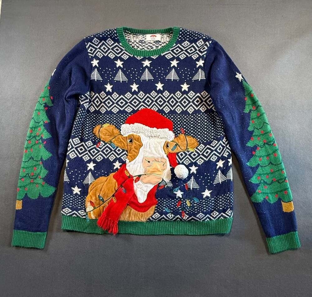 Holiday Time XL Navy Blue Cow Ugly Christmas Sweater Holiday Santa Scarf